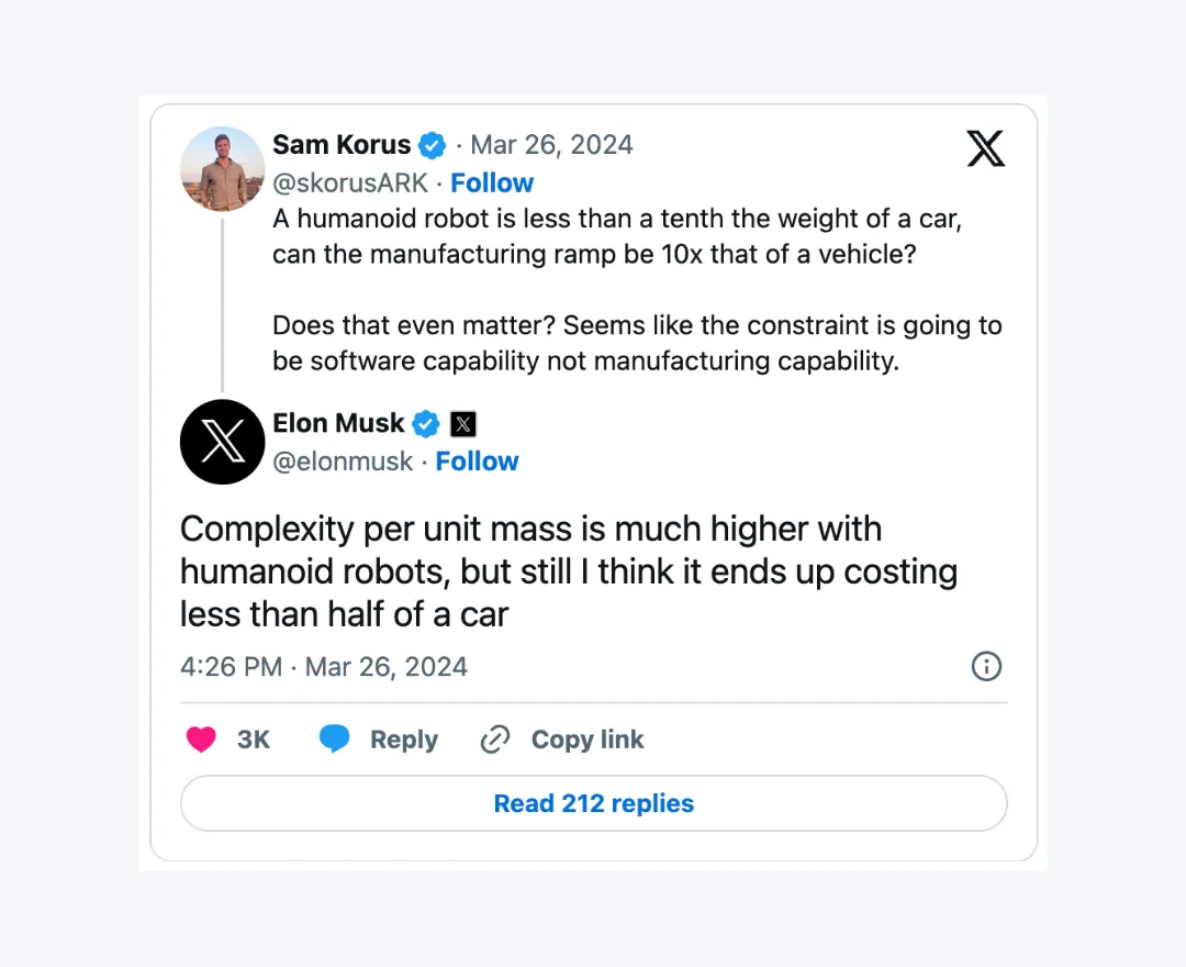 Elon Musk responding to a user comment on X about Tesla Optimus pricing