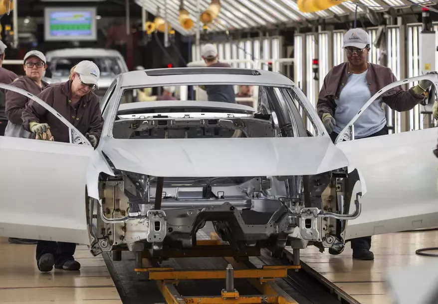 Workers producing vehicles at Volkswagen's US plant in Chattanooga, Tennessee